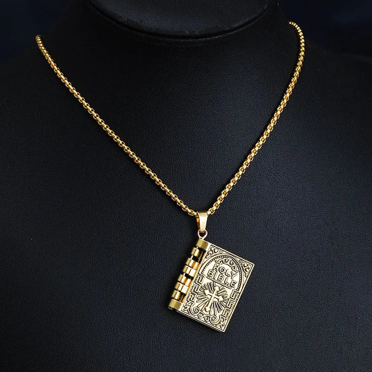 European American Gothic Style Retro Gold Flip Book Cross Necklace for Men Women Vintage Link Chain Alloy Pendant Fashion Trend