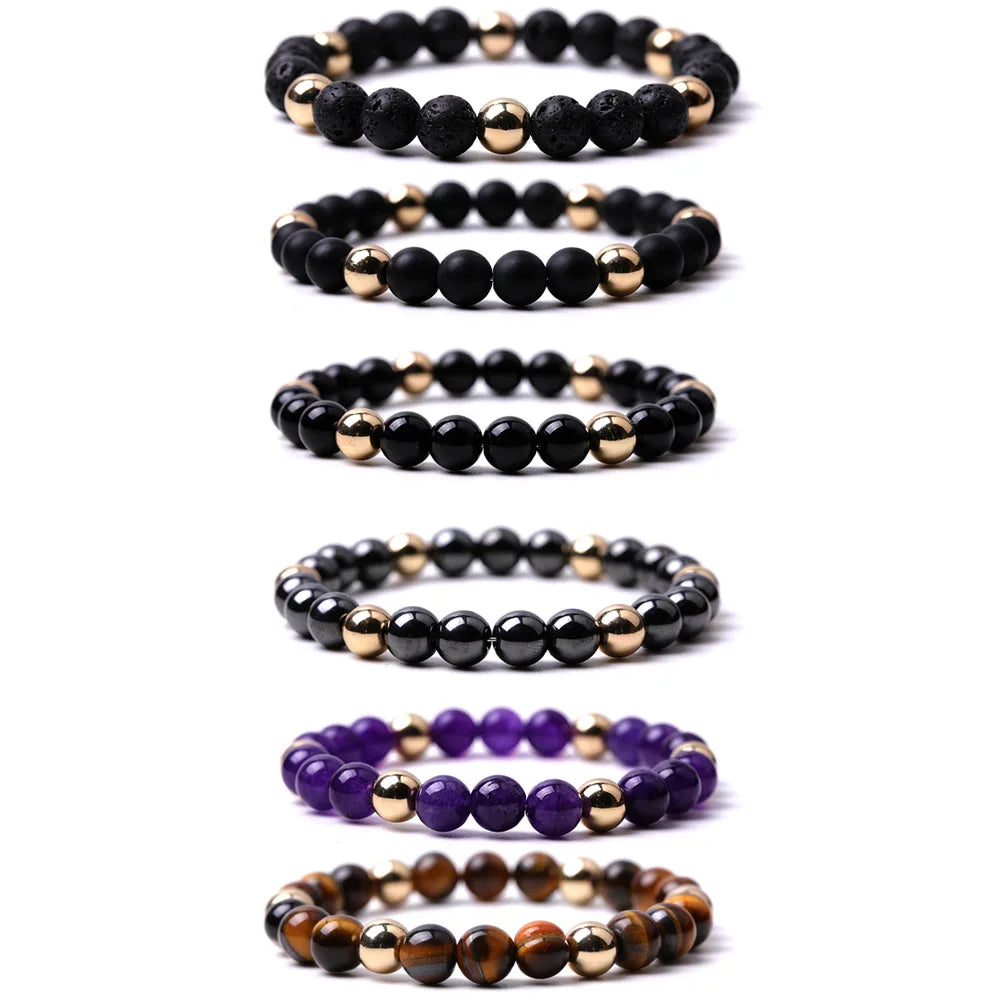 2024 New Mens Womens Prayer Mala Natural Stone Tiger Eye Matt Black Onyx Beads Bracelets with Small Gold Color Beads
