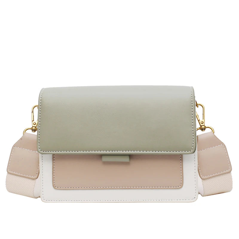 Trending Fashion Handbags Wide Strap Shoulder Ladies Hand Bags Contrast Color PU Leather Simple Women Leather Crossbody Bags