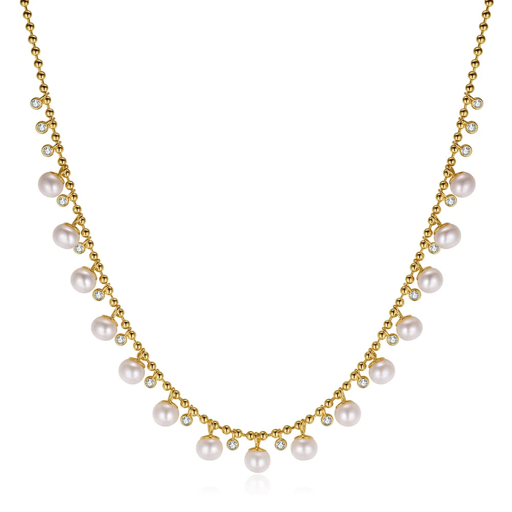 GPN37 RINNTIN Dainty 925 Sterling Silver Station Necklace Fine Jewelry Cute 14K Gold Plated Pearl Pendant Necklaces for Women