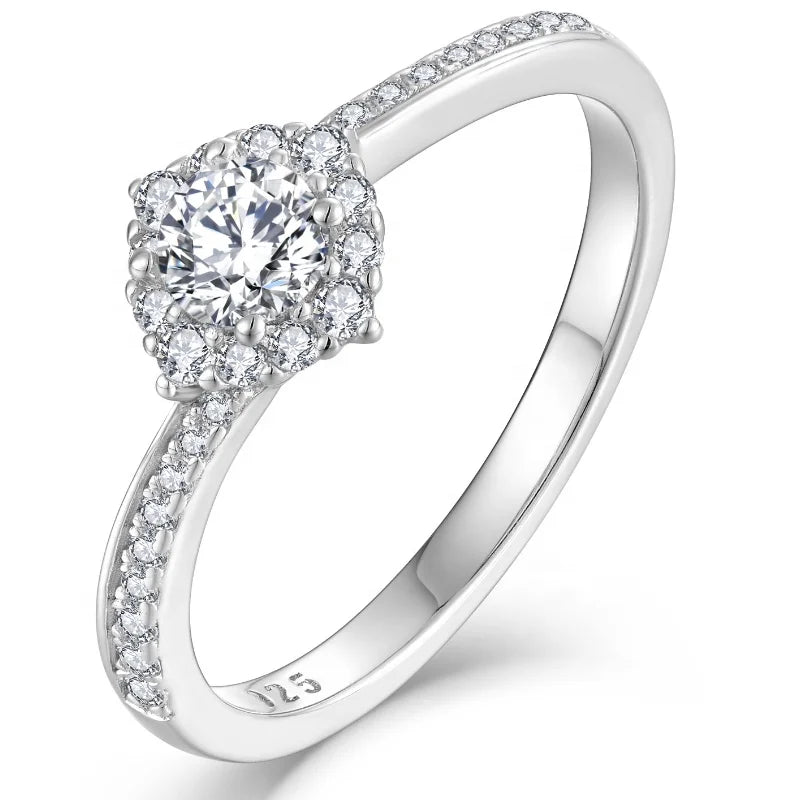 Women's Engagement Ring Rhodium Plated Sterling Silver with 2.1mm Width Halo & 8mm Center Stone Moissanite Ring Set