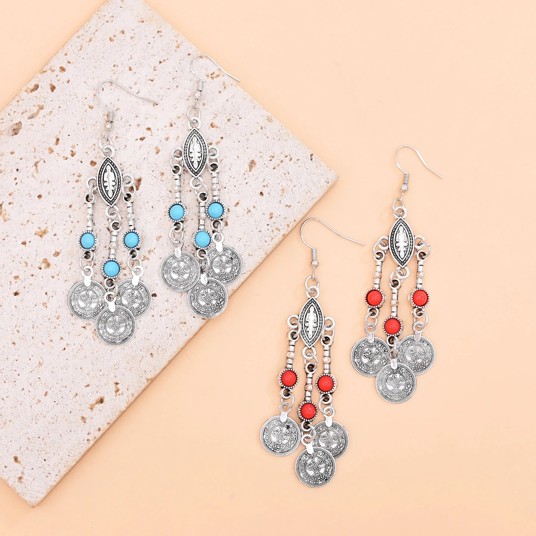 Exotic Style Asian Kazakhs Boho Coin Tassel Earrings Ancient Style Red Blue Beads Silver Alloy Drop Earrings-Wholesale