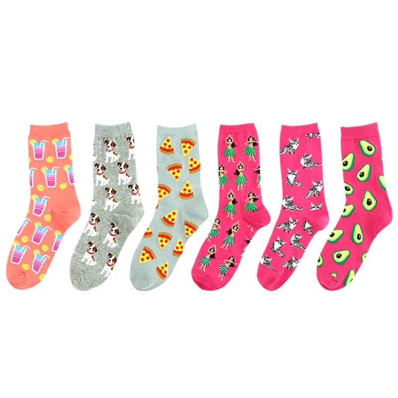 Fashion Japan Women Socks  Animals Dog Cat Food Pizza Drink Colorful Pattern Cotton Socks Cute Socks Women