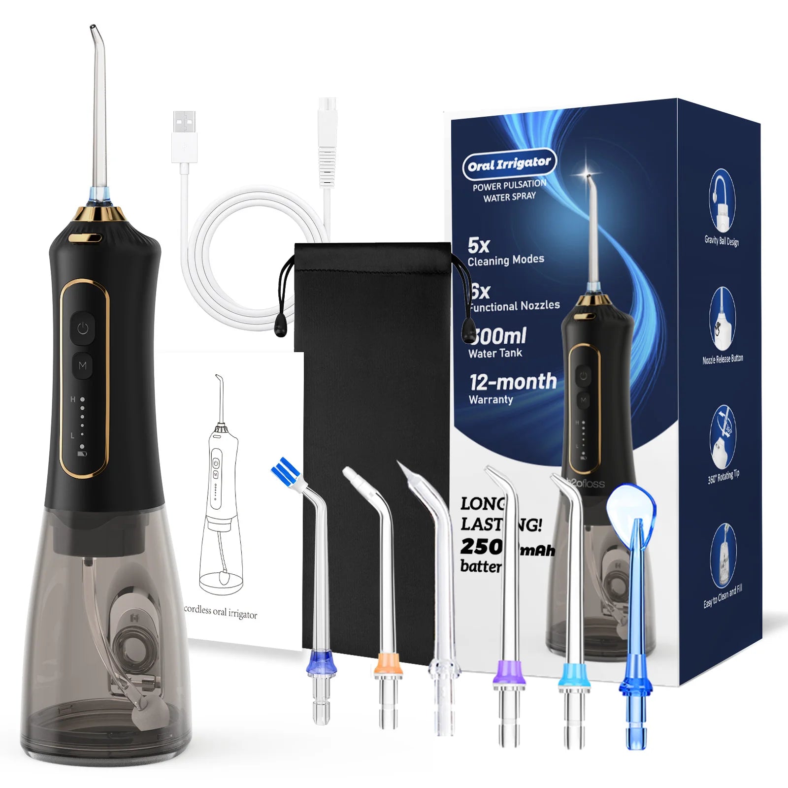 H2ofloss Factory OEM ODM Customized 5 Modes Cordless Water Flosser Portable Water Dental Jet Rechargeable Oral Irrigator