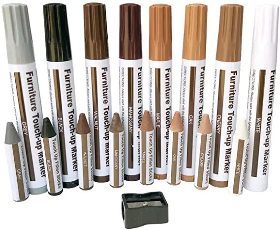 Furniture Repair Kit Wood Markers - Set of 13 - Markers and Wax Sticks with Sharpener - for Stains Scratches Floors Tables
