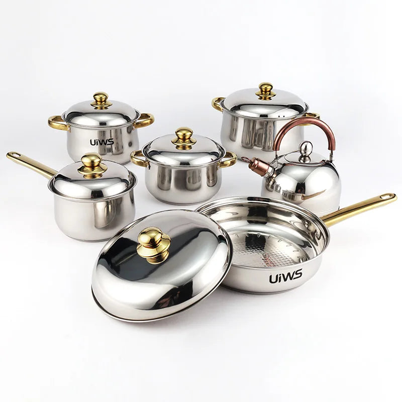 Stainless Steel Cookware Set Kitchen Pots Pans Steel Lids Gold Eco-Friendly Contemporary Design 12-Piece for Gas Induction