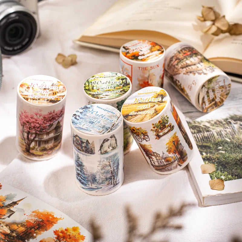 1Roll Four Seasons Landscape Handbook Material DIY Decoration Walking Landscape Series Washi Tape PET Rubber for Masking