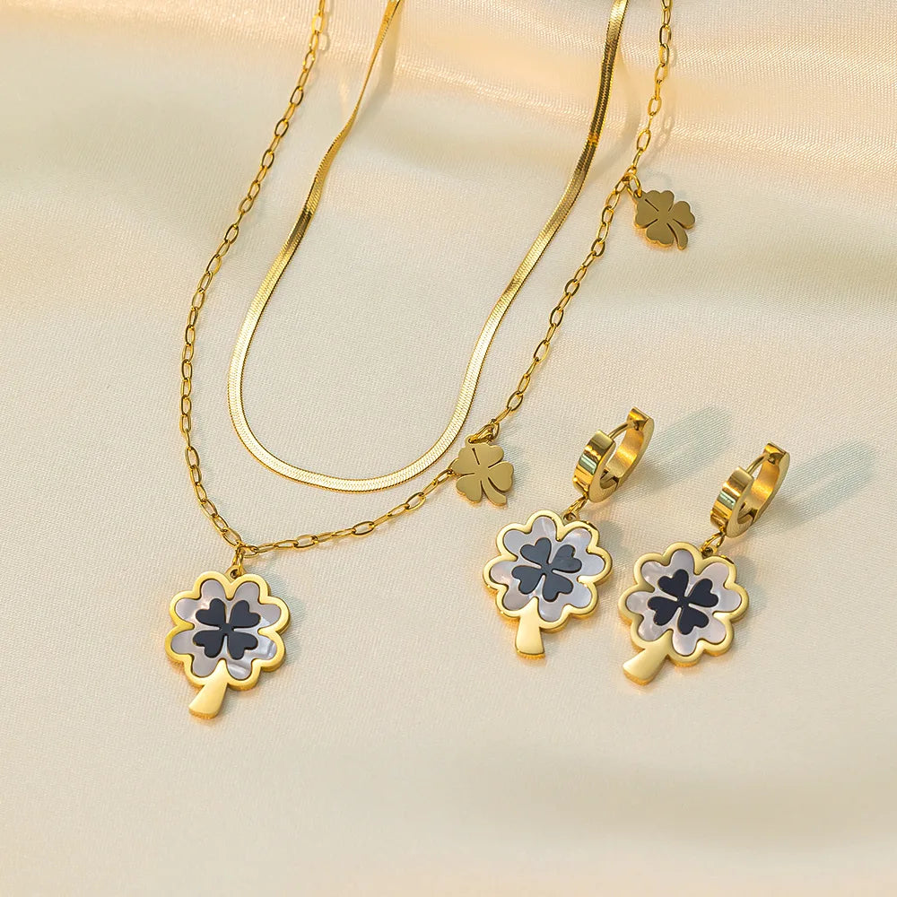 Flower Necklace Snake Bone Chain Double Four-leaf Flower Pendant Clavicle Chain Non-fading Necklace Earrings Sets
