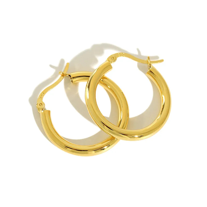 Fashion 925 Sterling Silver Simple Heavy Earrings Chic Punk Big Round Gold-plated Hollow Hoop Earrings for Women