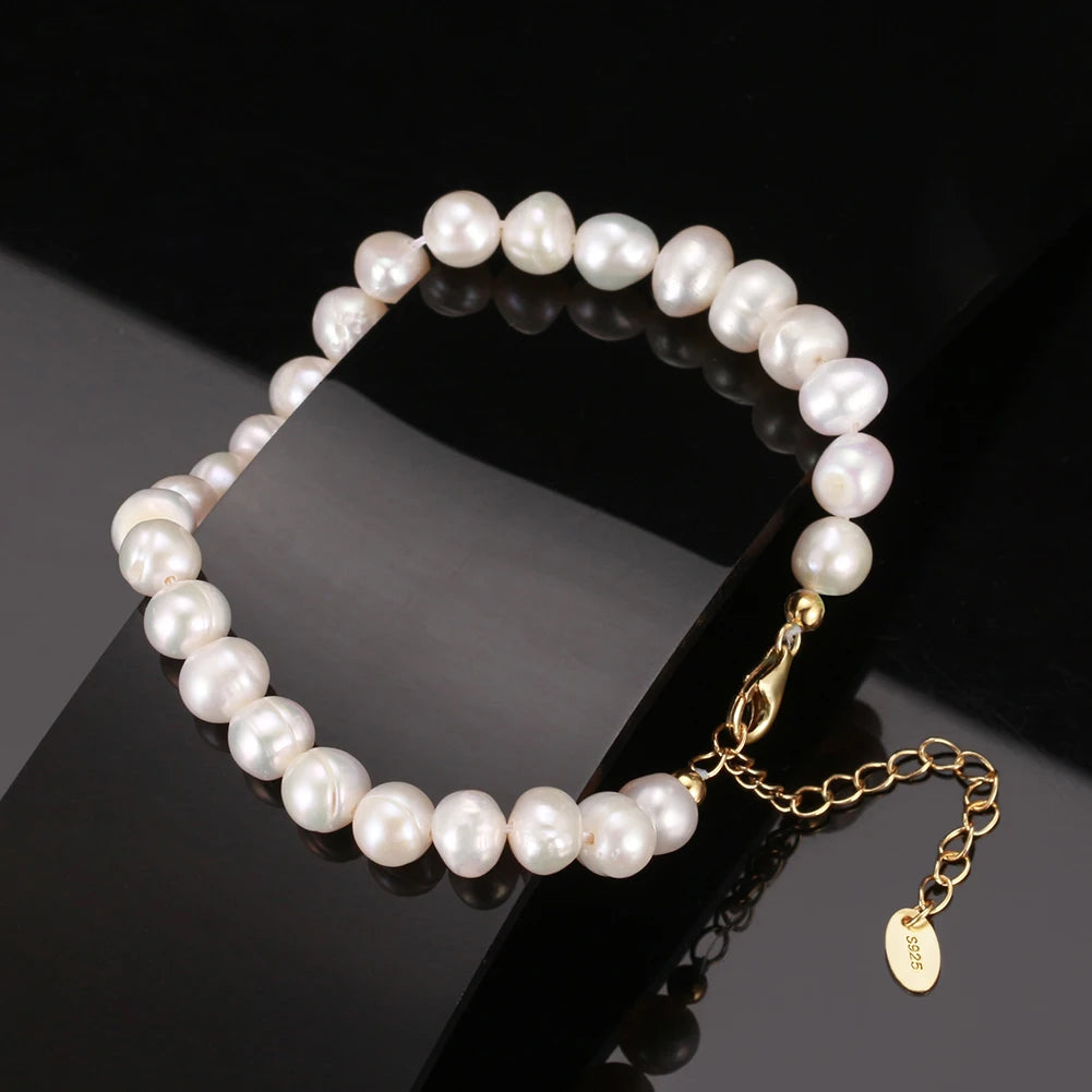 RINNTIN BGPB10 Fashion 925 Sterling Silver 6-7mm Cultured Freshwater White Pearl Bracelet for Women Girls