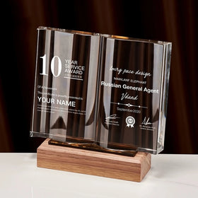 ADL Classic Customized Logo Wooden Plaques Book Trophy Awards UV Printed Crystal Glass Laser Engraved Polished Souvenir Model