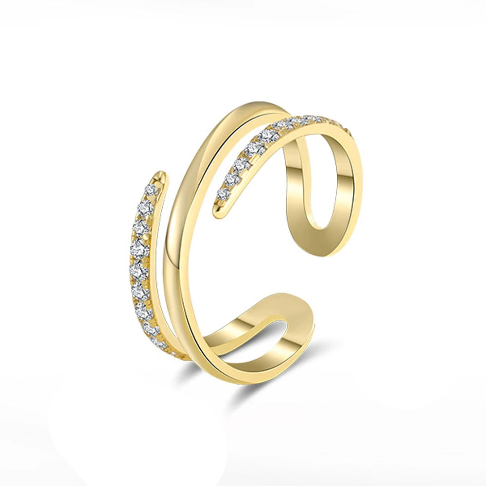 Fine 925 Sterling Silver Jewelry Rings Three Layer Line Spiral Gold Plated 5A Cubic Zirconia Adjustable Ring