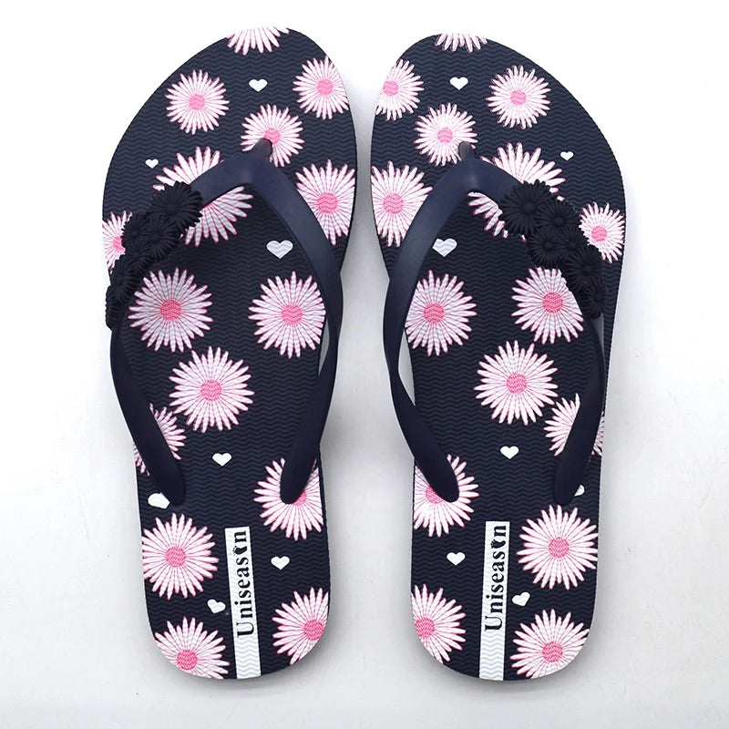 Custom Women's Flip Flops Screen Print with Flower Rubber Patch Strap Flat Anti-Slip PE Insole