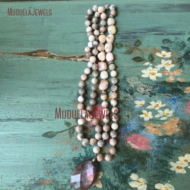 NM18449 Boho Romantic Hand-Knot Unique Gemstone Necklace with Crystal Quartz Pendant Beads for Wedding Engagement Anniversary
