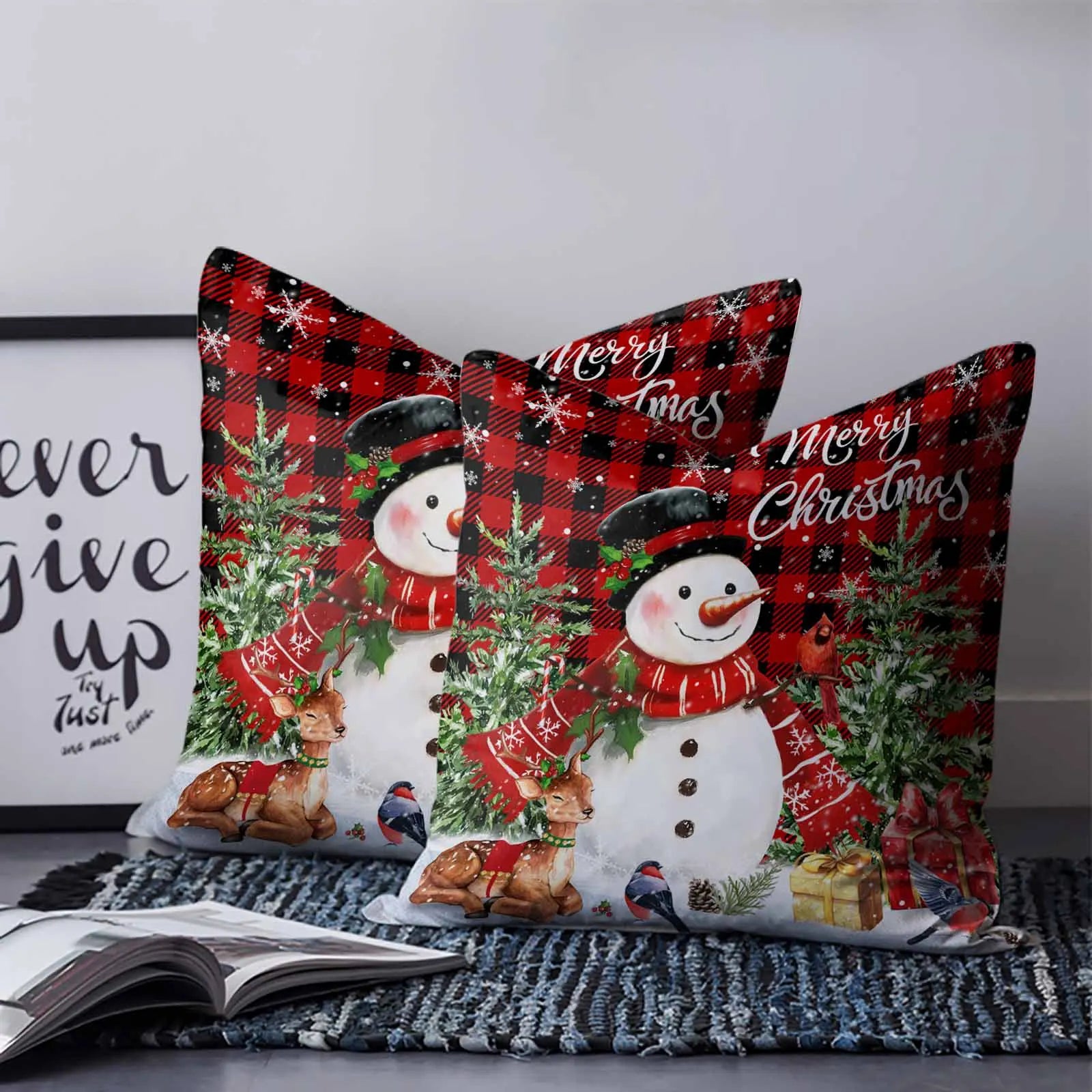 Christmas Home Decor Red Pink Snowman 45*45 Cushion Cover Custom Printed Linen Pillow Cases and Cushions