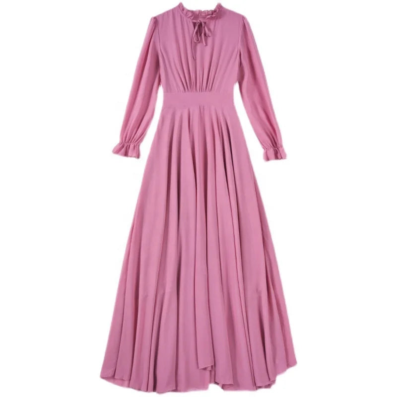 Summer Bohemian Lady Stylish Solid Casual Chiffon Long Sleeve High Waist a Line Swing Maxi Length Dresses for Ladies