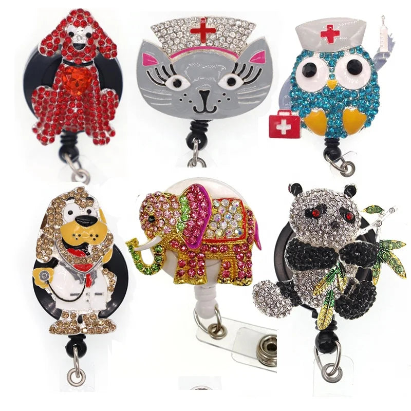 Wholesale Customized Design Badge Holder Animal Dog Cat Nurse Gifts Rhinestone Card Badge Reel