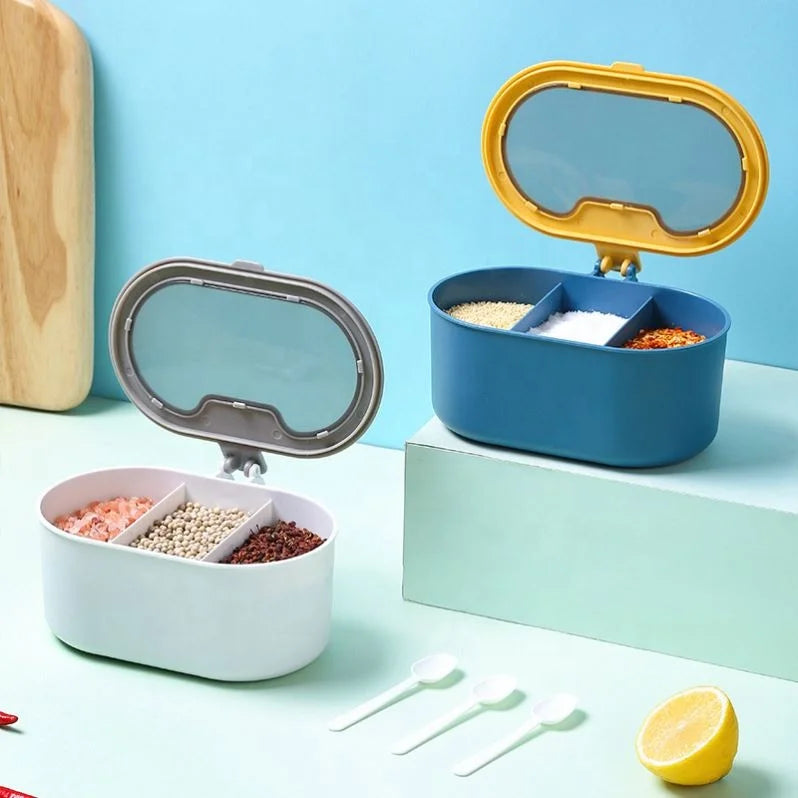 Kitchen Household Seasoning Box 3 Grids With Spoon Pepper Jar Set Seasoning Jar With Lid Integrated Storage Seasoning Jar