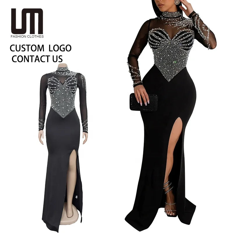 2025 Mesh Long Sleeve Birthday Dinner Dress | Rhinestone Beading & See-Through Design | Club Night Party Gown