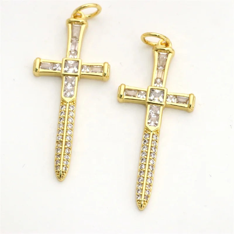 Trendy 18K Gold Plated Brass Cross Pendant with Micro Pave Zircon Stones for Jewelry Making Gift