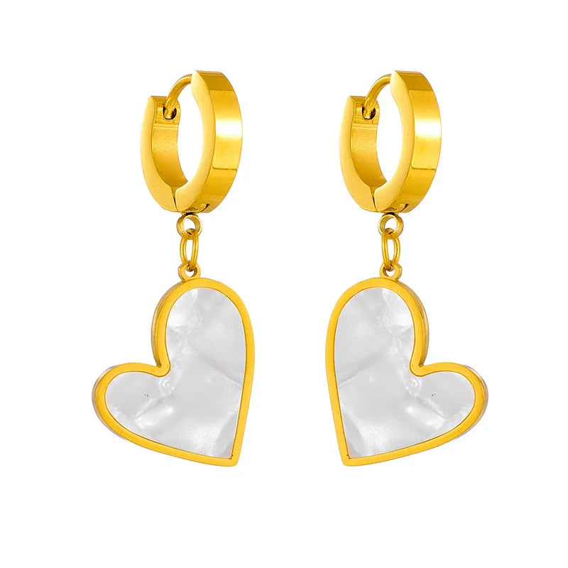 Hot Sale High Polish Gold Plated Stainless Steel Dangle Natural Shell Pearl Irregular Heart Hoop Earring for Women