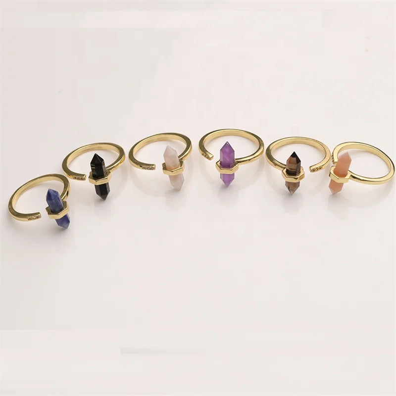 Natural Gemstone Amethyst Rose Quartz Crystal Quartz Gold Plated Heading Point Ring for Women's Gifts