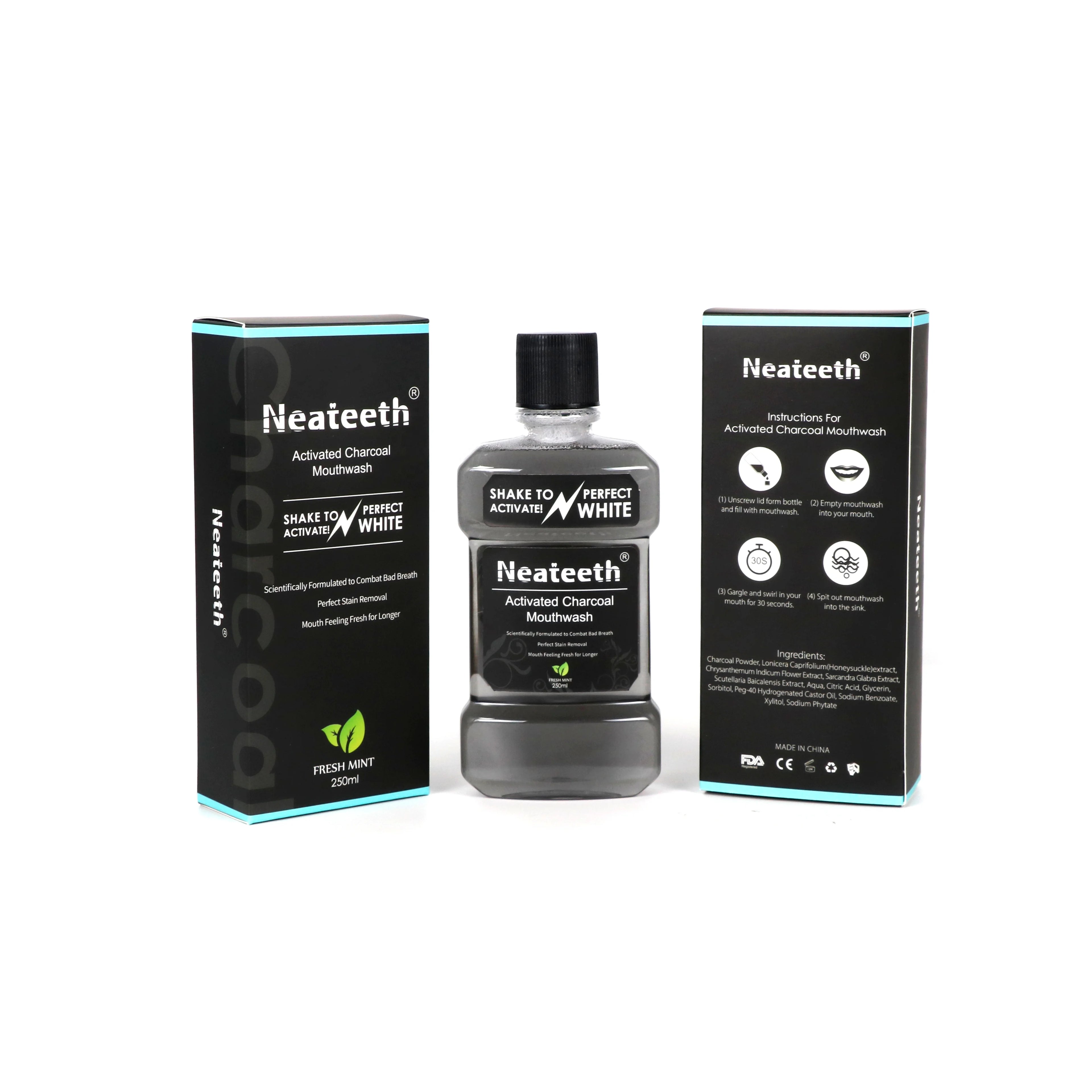 New Teeth Whitening Products OEM Private Label Neateeth 250ml Activated Charcoal Oil Pulling Cleaning Oral Care Mouthwash