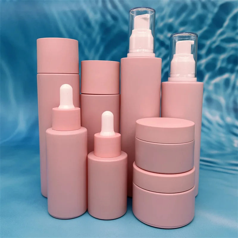 Luxury 100ml 120ml Empty pink Lotion Skincare Pump Sprayer Packaging 30g 50g Glass Cream Jar Cosmetic Eyelash Serum Bottle Set