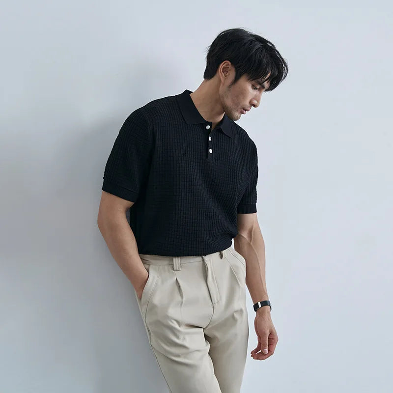 Men's Trendy Waffle Ice for Polo Shirt Short-Sleeved Non-Ironing Summer Business T-Shirt in Solid Black & White Size XL for Golf
