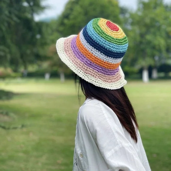 Womens Handwoven Foldable Straw Hat Colorful Patchwork Stripe Casual Beach Hat