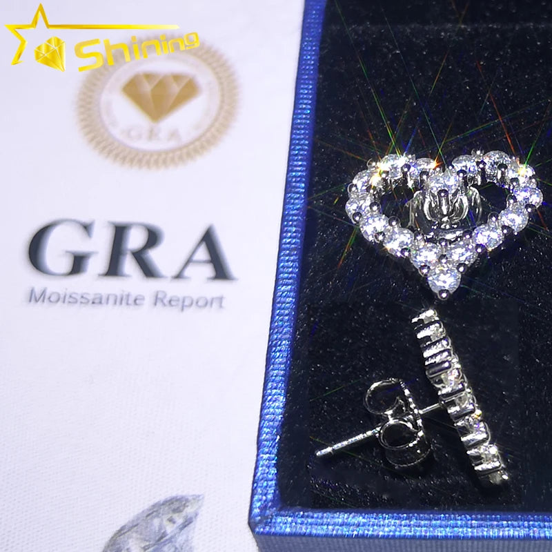 925 Sterling Silver Fine Jewelry Luxury Iced Out VVS Moissanite Diamond Heart Hiphop Earrings