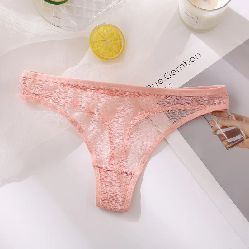 Women Low-Rise Sexy Lace See Through Mesh T-back Underwear Hollow Out Highly Breathable Skin Friendly Ice Silk Panties