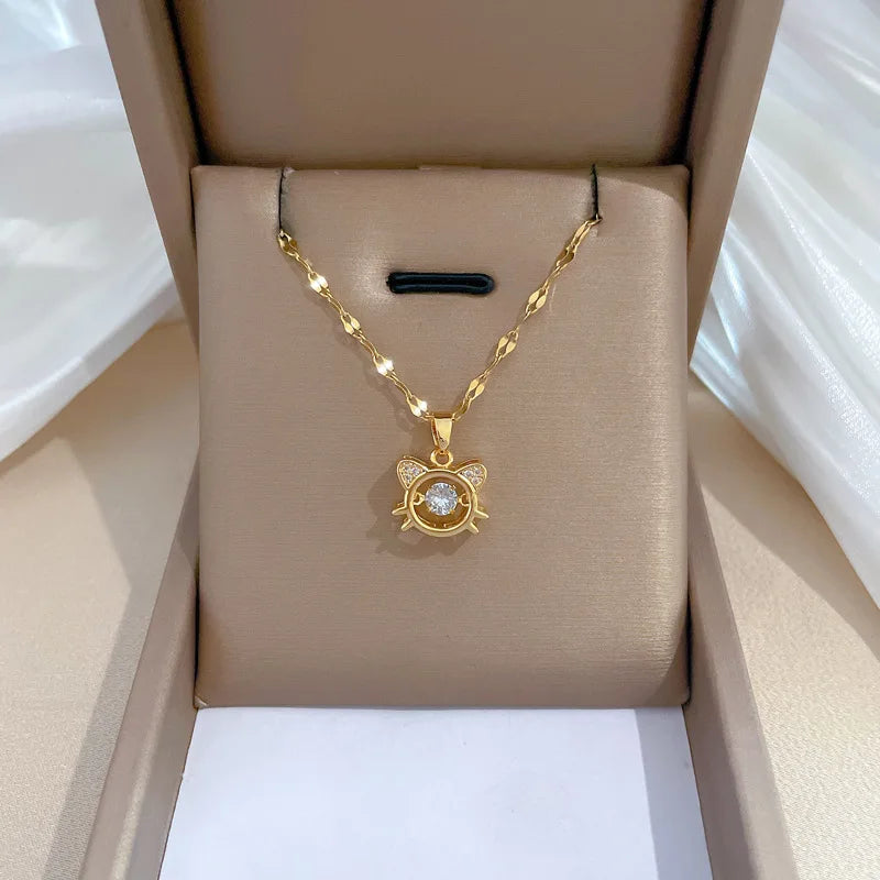 Trendy 18K Gold Plated Stainless Steel Crystal Full Diamond Cute Cat Pendant Necklace for Women Girls Wedding Jewelry
