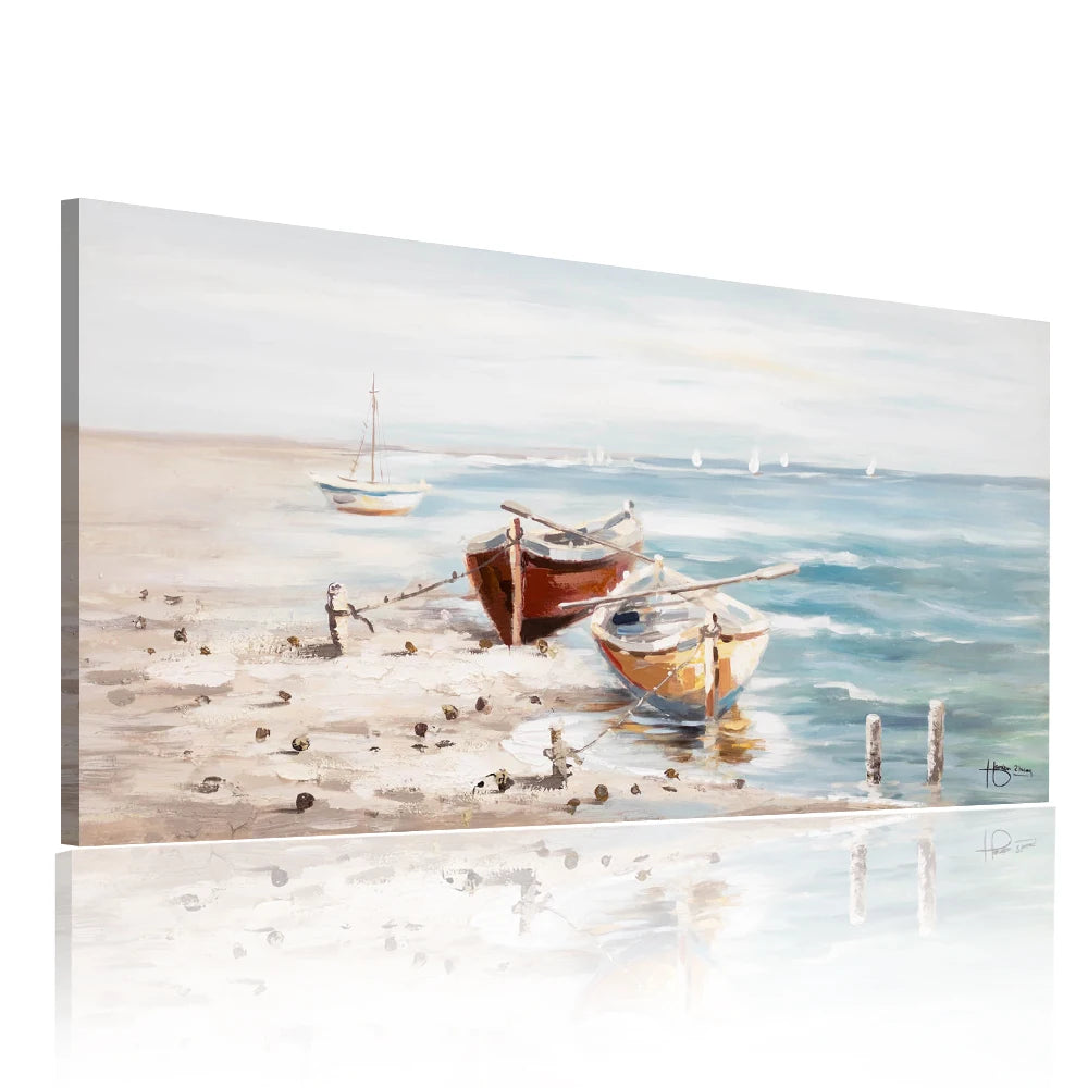 Hand-painted Unframed Abstract Seascape Seaside Scenery Heavy Textured Oil Painting Sailing Boat Ship Art Wall Linen 230g Canvas