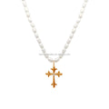 Wholesale 18K Real Gold Fresh Water Pearl Necklace Diamond Cross Pendant Charm Choker Fine Jewelry