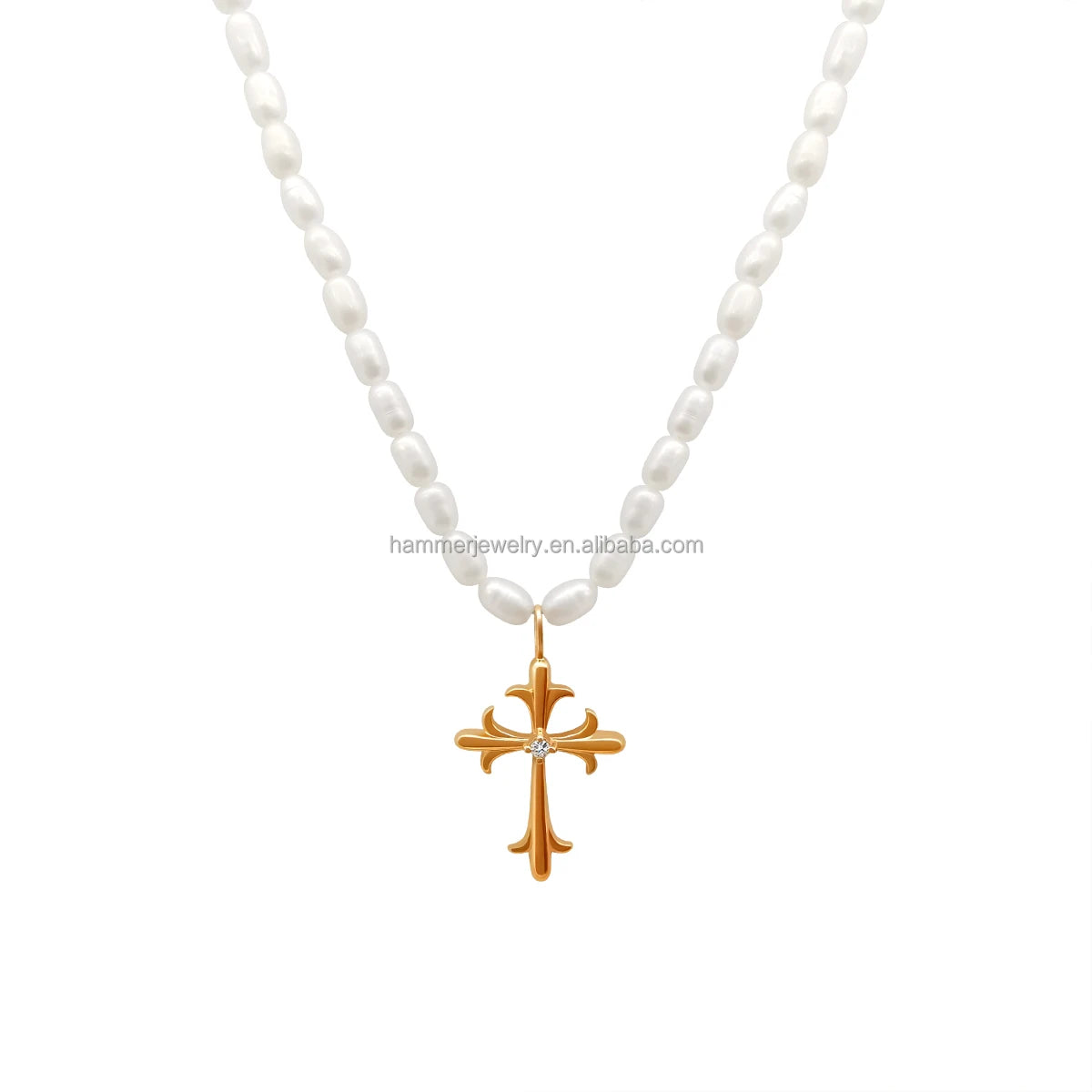 Wholesale 18K Real Gold Fresh Water Pearl Necklace Diamond Cross Pendant Charm Choker Fine Jewelry