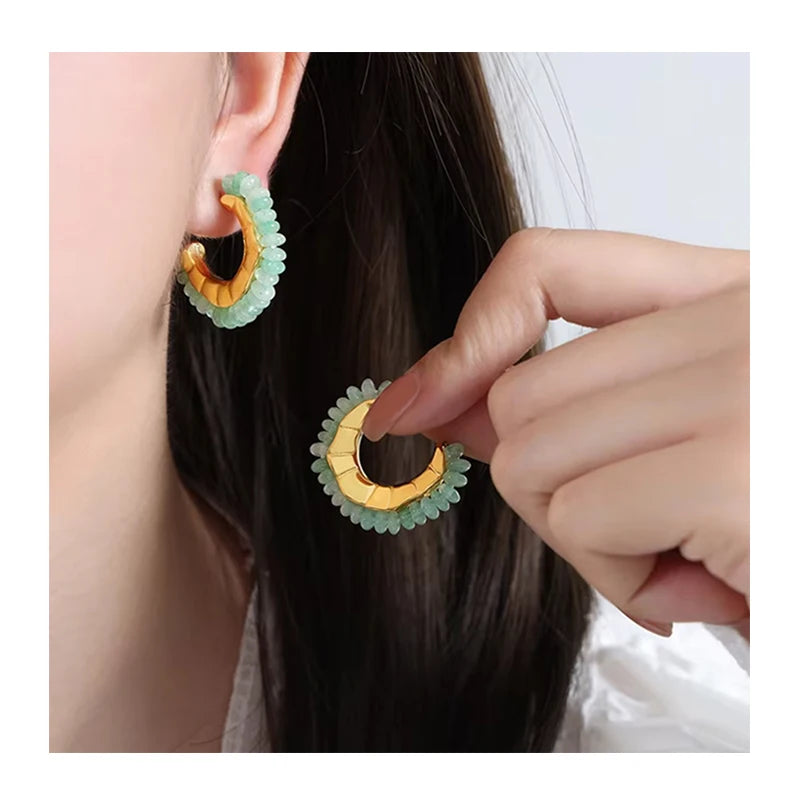 Vintage Colorful Natural Stone Stud Earrings Bohemia Gemstone Stone Agate Stainless Steel C Shaped Earrings for Women