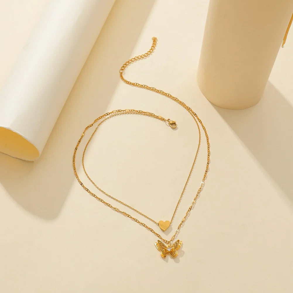 Steel Multilayer Thin Link Chain Butterfly Necklace Double-layer Necklace