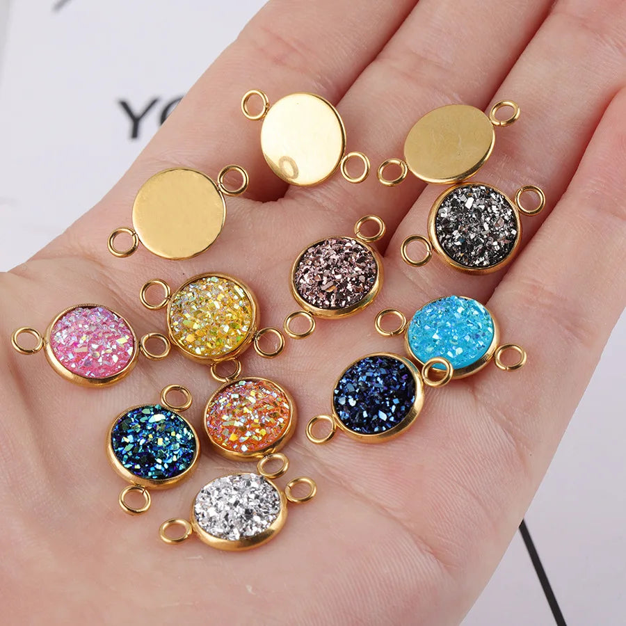 Wholesale 10mm Gold Plated Stainless Steel Colorful Resin Druzy Round Connectors Pendant for Diy Jewelry Making