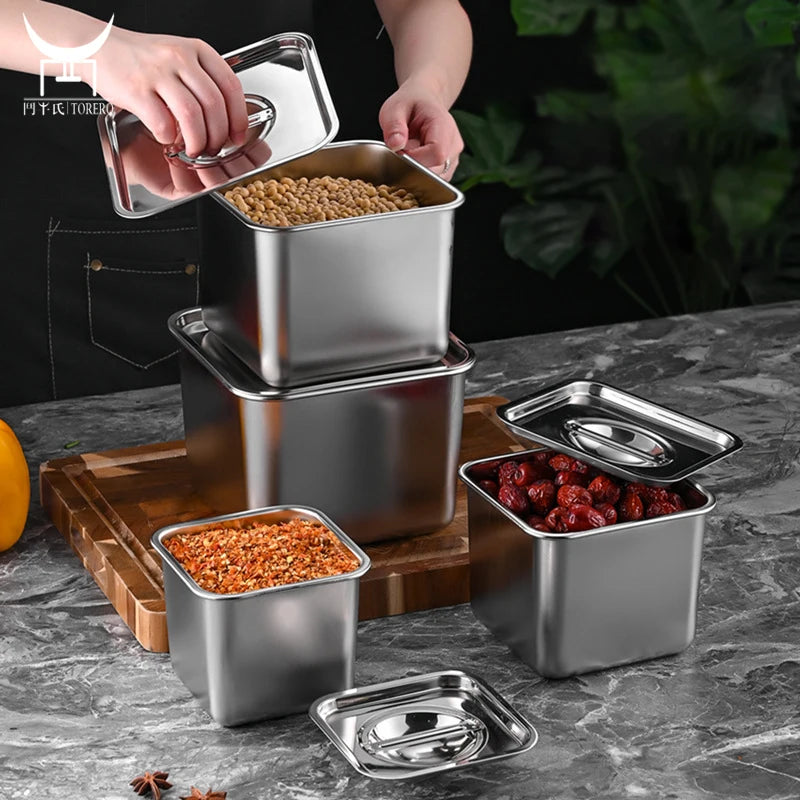 Wholesale Restaurant Hotel Kitchen Food Spice Storage Container Stainless Steel Square Food Spice Jar Set With Lid