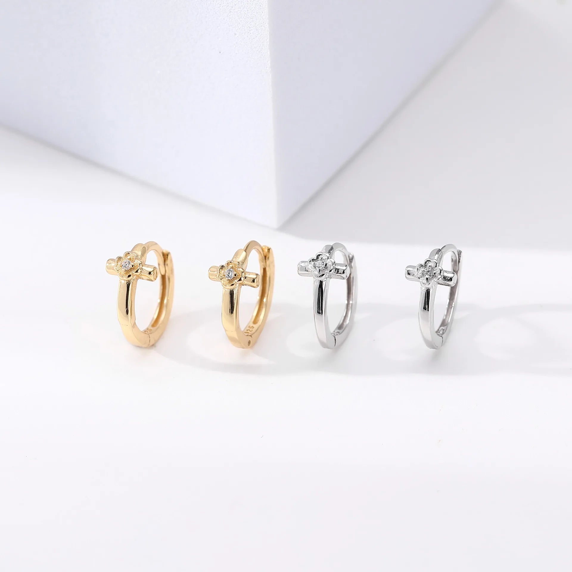 Cubic Zirconia Jewelry Trendy Huggie 925 Sterling Silver Cross Hoop Earrings Women