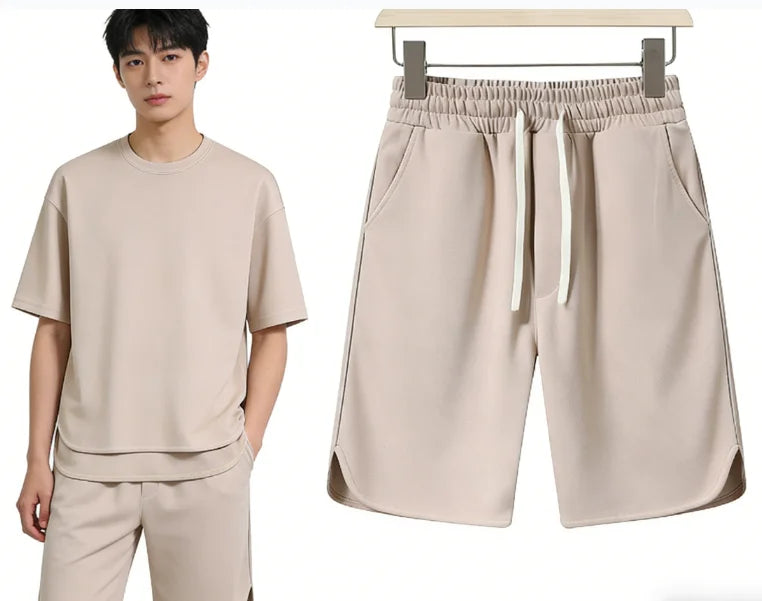 2026 Summer New Men Suit Round Neck Short Sleeve T-shirt+shorts Two Piece Set Loose Outdoor Sports Casual Solid Color Tracksuit