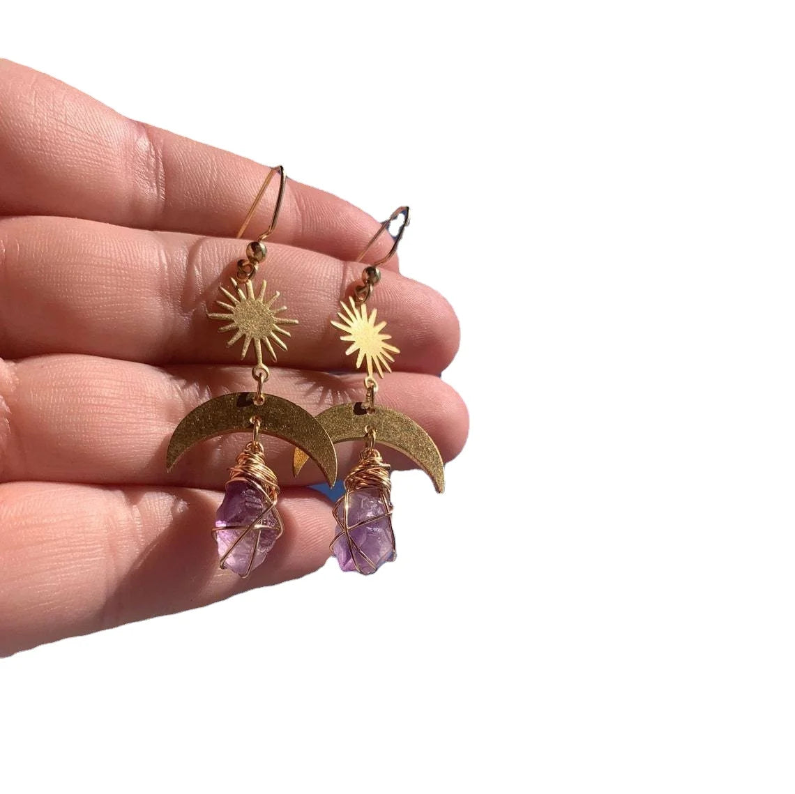 Fashion Purple Crystal Geometric Earring Viking Sun Moon Alloy Charms Earrings Gold Gemstone Bohemian Women Jewelry