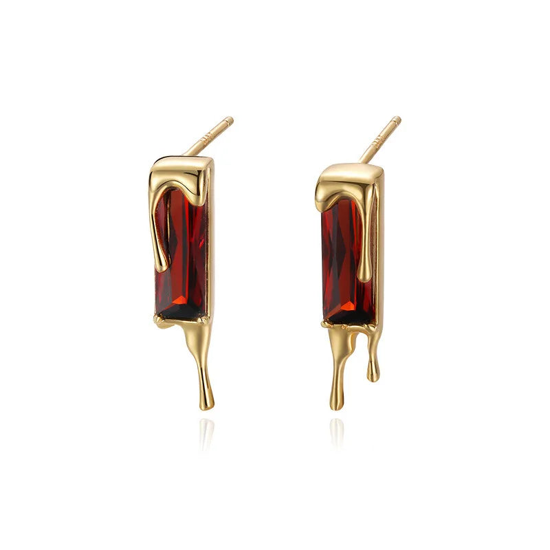 INS Vintage Fancy Pure 925 Sterling Silver Square Red Gemstone Zircon Stud Earrings for Women Girls Jewelry