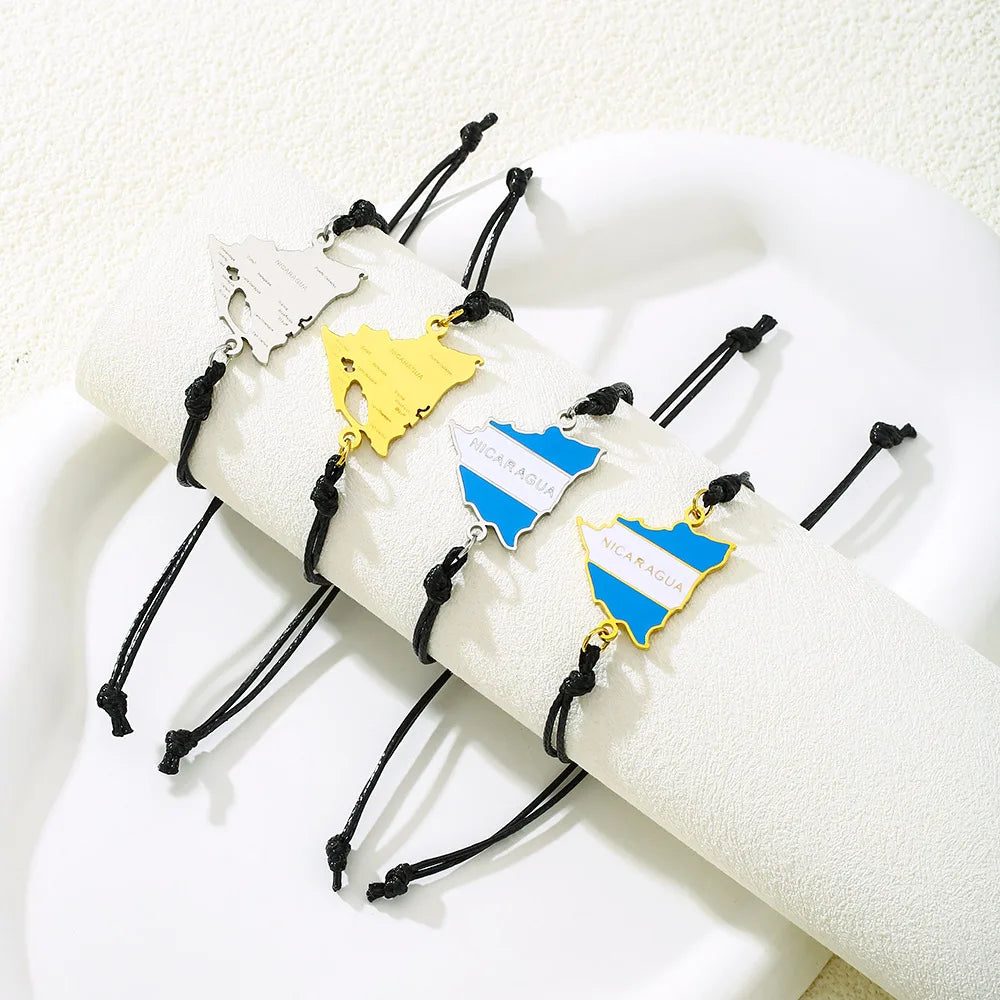 18K Gold Plated Enamel Nicaragua Flag Charm Bracelet Stainless Steel Enamel Nicaraguan Map Charm Macrame Rope Cord Bracelet