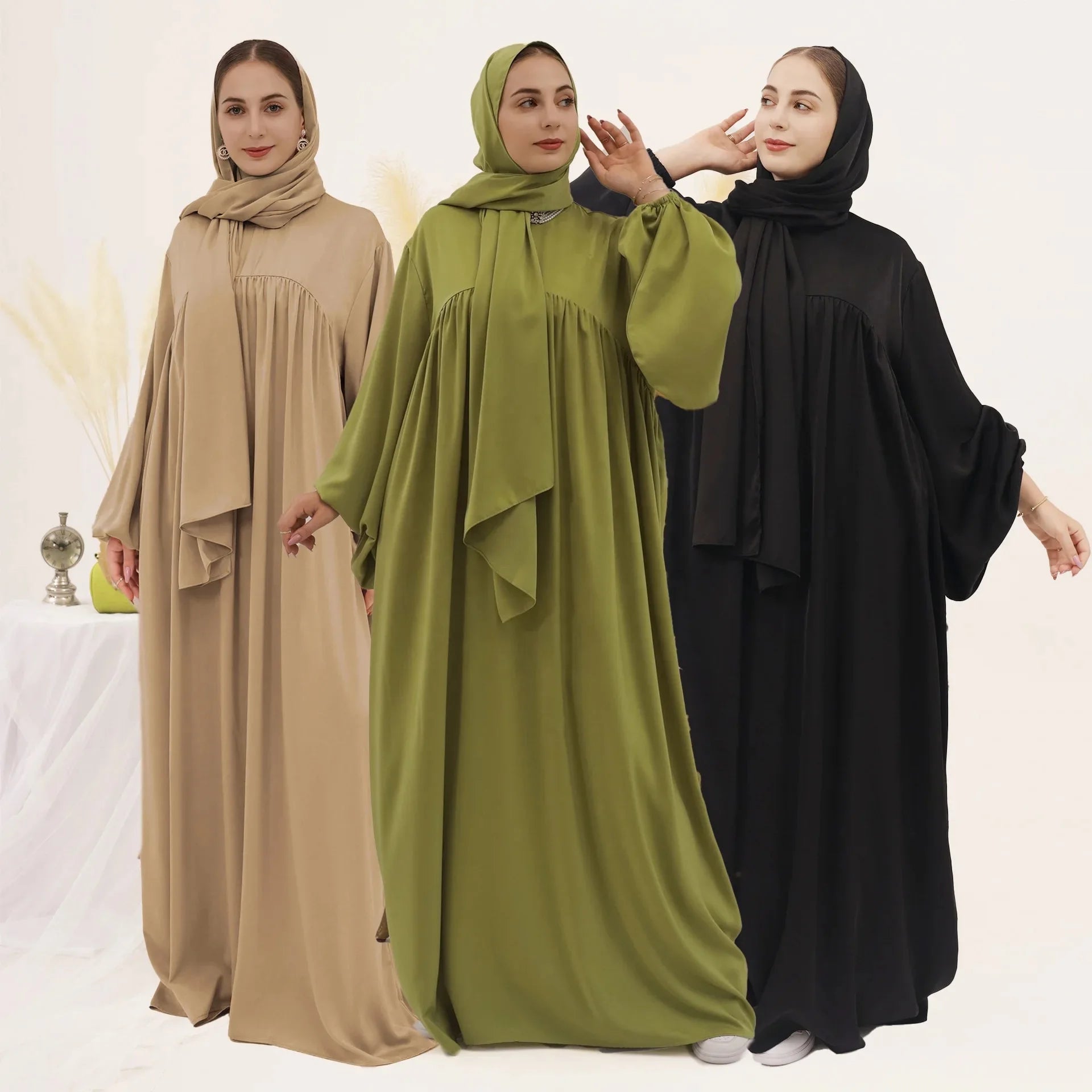 Latest High Quality Dubai Modest Abaya Muslim Women Dress Puff Sleeve Velvet Satin Casual Robe With Matching Hijab Set L095