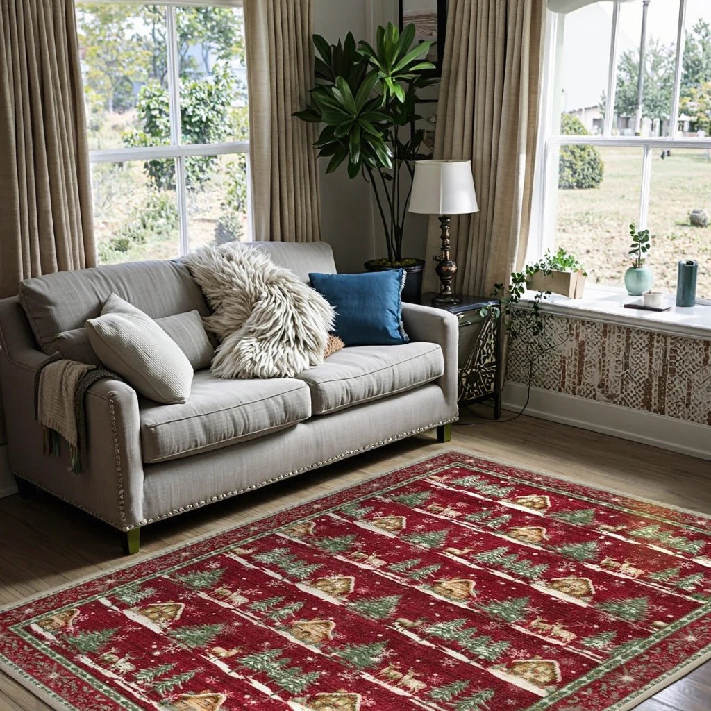 Modern Christmas Red Area Rug for Bedroom Living Room Kids Room Dorm Kitchen Sink Non-Slip Easy to Clean Low Pile