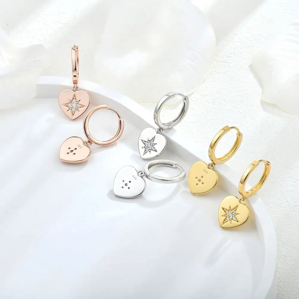 925 Sterling Silver Lucky Star Heart Shape Hoop Earrings for Women Jewelry