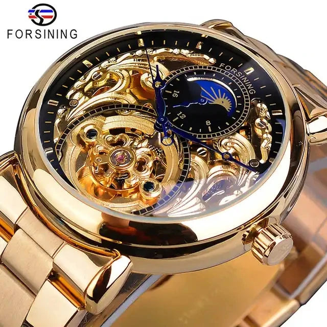 Forsining New Top New Mens Automatic Mechanical Business Watch Clock Golden Moon Phase Steel Strap Wrist Watches Top New