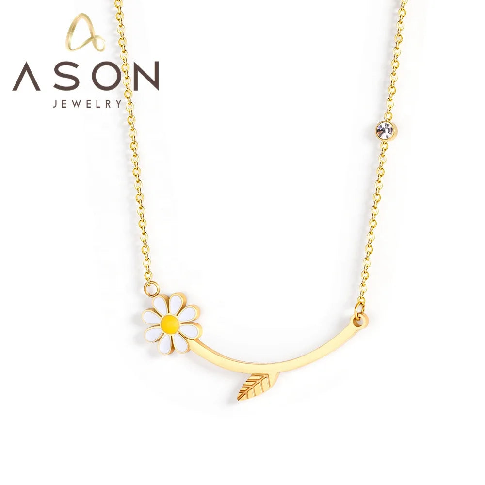 Ason Simple Design 18k Gold Plated Stainless Steel Jewelry Gift Drop Oil White Daisy Flower Pendant Necklace for Women
